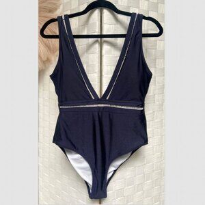 CupShe One Piece Swimsuit Navy Blue White Plunge V Neck Size M